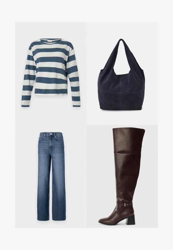 TOM TAILOR DENIM STRIPED WITH BUTTONS - Majica z dolgimi rokavi - dusty blue/white; Modri jeans z visokim pasom in širokimi hlačnicami. Imajo klasičen pet-pocket dizajn in detajle iz kovinskega gumba.; Temno rjave usnjene škornje do kolen z debelim peto in okrasnim pasom ob strani, prikazane na svetli enobarvni podlagi.; Mornarsko modra nubuk torbica z ohlapno obliko, širokimi naramnicami in vidnimi šivi na telesu.