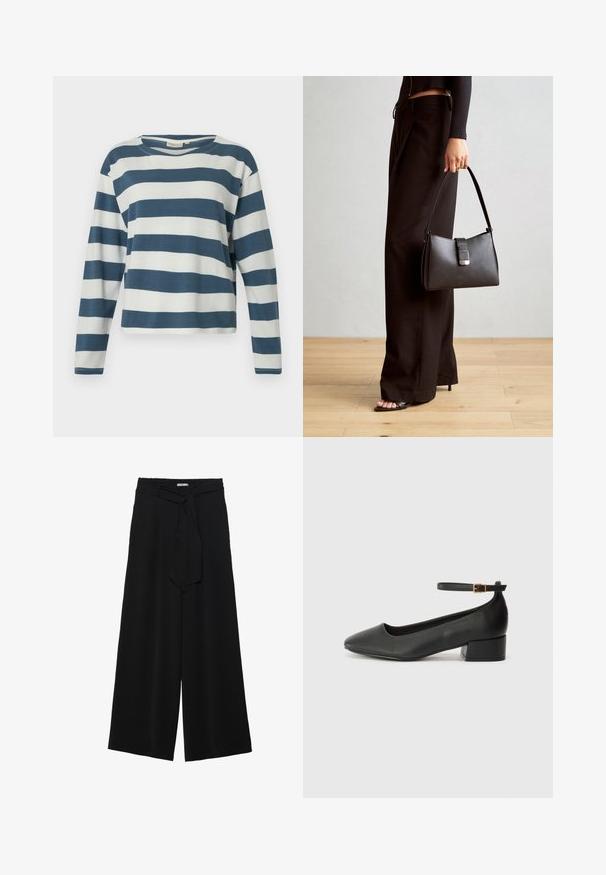 TOM TAILOR DENIM STRIPED WITH BUTTONS - Long sleeved top - dusty blue/white; Black wide-leg pants featuring a textured fabric, an elastic waistband, and a detachable sash tie at the waist for adjustable fit.; Black leather pump with a pointed toe and a low block heel. Features an ankle strap with a gold-tone buckle. Smooth texture.; Black handbag with structured shape, smooth texture, and a metallic clasp. Paired with wide black pants and open-toe sandals on wooden floor.