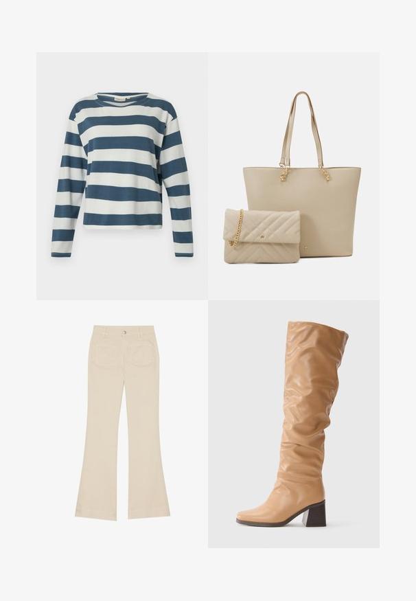 TOM TAILOR DENIM STRIPED WITH BUTTONS - Maglietta a manica lunga - dusty blue/white; Pantaloni beige a zampa d'elefante con vita alta, realizzati in tessuto di cotone. Presentano tasche frontali e posteriori, passanti per cintura e un singolo bottone argentato.; Stivale alto in pelle color tan con gambale morbido e tacco a blocco, punta angolare e scura su uno sfondo chiaro e semplice.; Borsa tote beige con manici piatti, texture liscia e hardware dorato, abbinata a una pochette trapuntata coordinata con tracolla a catena.