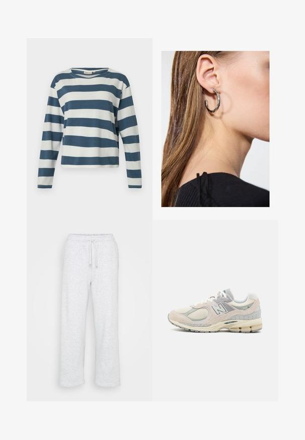 TOM TAILOR DENIM STRIPED WITH BUTTONS - Pikkade varrukatega topp - dusty blue/white; Heledad hallhalli puuvillased spordipüksid, elastse vöökoha ja nööriga, sirge lõikega, ilma nähtavate logo või mustriteta.; Heled hall ja tan värvi New Balance'i tennisekingad, millel on samet ja võrkmaterjal, pehmendatud krae, paks tald ja peegelduvad aktsendid. Sidumisega disain.; Hõbedane rõngas kõrvarõngas poleeritud viimistlusega, millel on väikesed kuldsed aktsendid ja ümmargune kuju, kantud lobus.