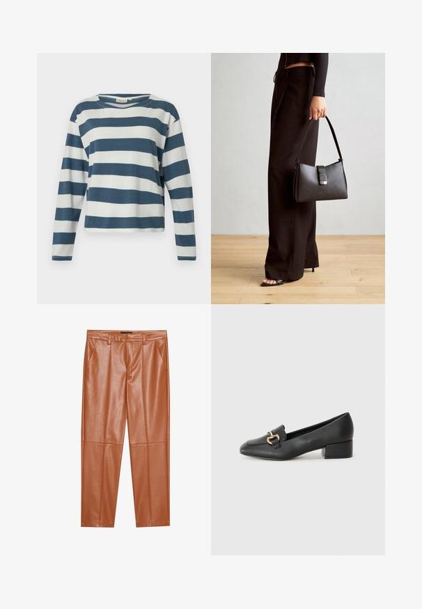 TOM TAILOR DENIM STRIPED WITH BUTTONS - Topper langermet - dusty blue/white; Brune imitasjonslærbukser med skreddersydd passform, med frontfeller og rette ben. Glatt tekstur uten synlig maskinvare eller detaljer.; Sorte skinnloafers med flat hæl, med dekorativ detalj i gull foran og en jevn tekstur.; Svart håndveske med strukturert form, jevn tekstur og metallisk lås. Kombinert med brede svarte bukser og sandaler med åpen tå på tregulv.