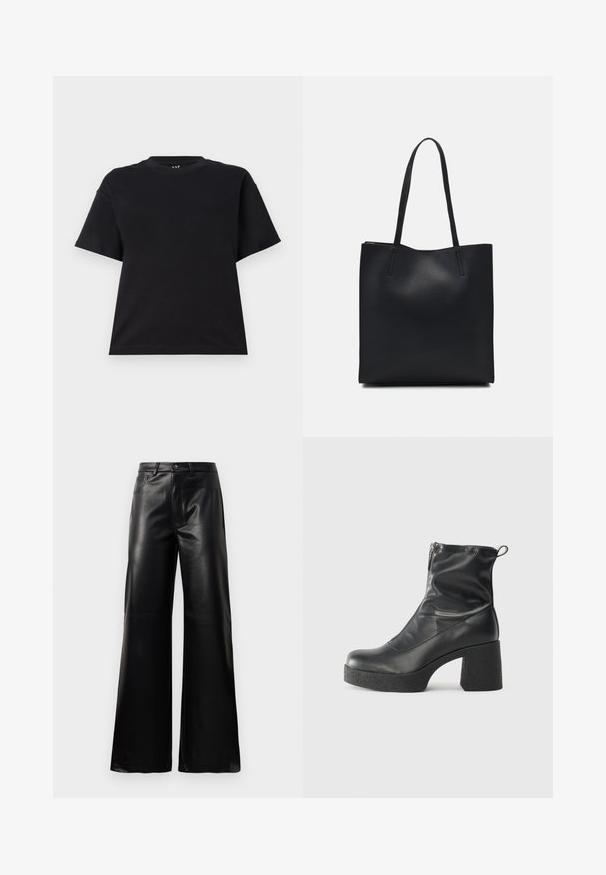 Fekete, rövid ujjú pamut póló. Kör alakú nyakkivágással, laza szabással és egyszerű, mintázat nélküli dizájnnal rendelkezik.; Fekete, magas derekú, széles lábú, műbőr nadrág elülső gombbal, cipzárral, övbújtatókkal és oldalsó zsebekkel, fehér háttérrel.; Fekete bokacsizmák sima bőrből, oldalsó cipzárral, vastag, texturált sarkú és lekerekített orrú dizájnnal.; Fekete bőrtáska sima felszínnel, téglalap alakú, két hosszú füllel. Nincs látható fémkiegészítő vagy díszítés.