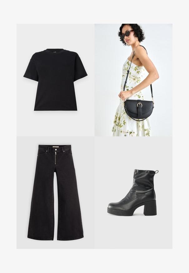 T-shirt noir à manches courtes en coton. Il présente un col rond, une coupe décontractée et un design simple sans motifs ni accents.; Jean large en denim noir avec une fermeture éclair à l'avant, un design à cinq poches et des détails de couture subtils. Texture lisse et style décontracté.; Bottes noires à la cheville en cuir lisse, dotées d'une fermeture éclair sur le côté, d'un talon épais texturé et d'une conception à bout rond.; Sac à main en cuir noir avec une forme courbée, bandoulière amovible et des accessoires en or. Le sac est doté d'un rabat avec un détail de boucle.