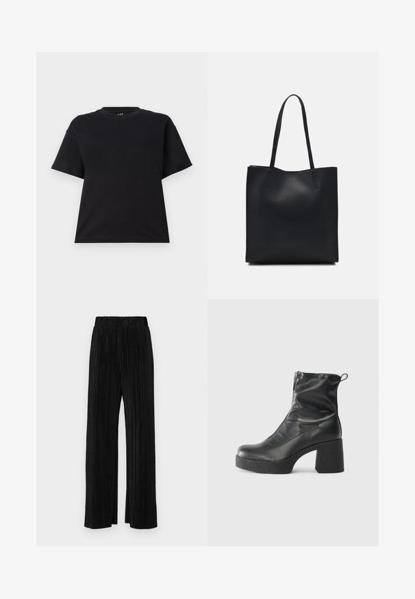 Schwarzes T-Shirt mit kurzen Ärmeln aus Baumwolle. Hat einen runden Halsausschnitt, einen lässigen Schnitt und ein schlichtes Design ohne Muster oder Akzente.; Schwarze plissierte Hose mit elastischem Bund. Verfügt über weite Hosenbeine und einen glatten, strukturierten Stoff mit vertikalen Streifen.; Schwarze Stiefeletten aus glattem Leder mit seitlichem Reißverschluss, klobigem strukturiertem Absatz und runder Zehenform.; Schwarze Laptoptasche aus Leder mit glatter Textur, rechteckiger Form und zwei langen Griffen. Keine sichtbaren Beschläge oder Verzierungen.