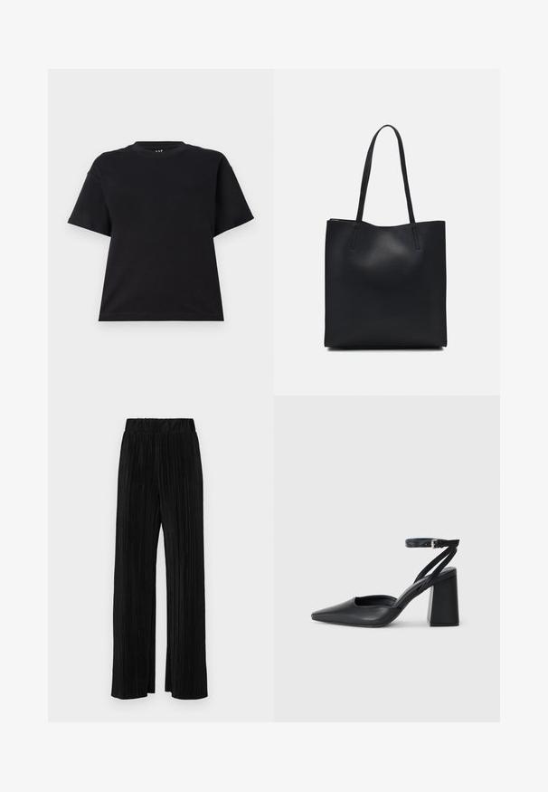 T-shirt nera a maniche corte in cotone. Caratterizzata da un colletto rotondo, una vestibilità rilassata e un design semplice senza motivi o accenti.; Pantaloni neri a plissé con vita elasticizzata. Presentano gamba ampia e un tessuto liscio e texture con strisce verticali.; Pump in pelle nera con punta affusolata, cinturino alla caviglia e tacco spesso. Texture piatta, design elegante ed estetica minimalista.; Borsa tote in pelle nera con texture liscia, forma rettangolare e due manici lunghi. Nessun hardware o decorazione visibile.
