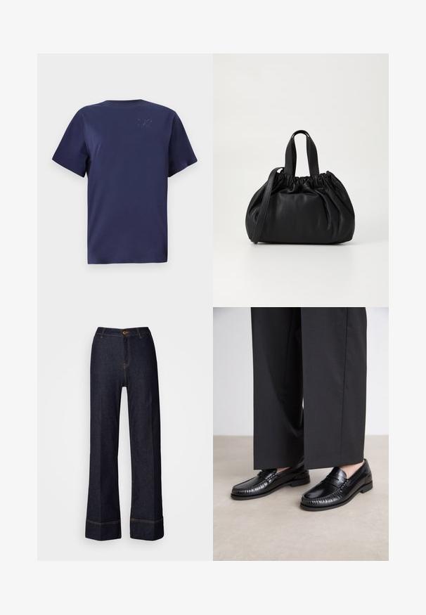 Tumed sinine lühikeste varrukatega T-särk, mis on valmistatud pehmest puuvillast. Särgil on ümmargune kaelus ja vasakul rinnal kätke logo detail.; Tumed denim laiadegipüksid kõrge vöökohaga, millel on esine nupuvajutus ja oranžad õmblused. Ühtlane tekstuur kogu ulatuses.; Mustadest nahast loaferdest on sile pind, õmmeldud detaile varvaste ümber ja madal kummitald. Kombineeritud laia musta pükste jaoks.; Mustmust mustkott mustrihmaga ülaosa disainiga, millel on kaks lühikest käepidet ja pikk reguleeritav rihm. Sile tekstuur, ümar kuju.