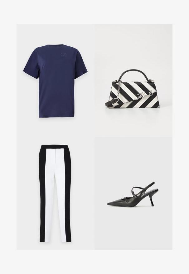 Námorně modré tričko s krátkým rukávem vyrobené z měkké bavlny, s kulatým výstřihem a embosovaným logem na levé hrudi.; Černé a bílé zúžené kalhoty v slim fit střihu s kontrastními panely. Materiál má hladkou texturu; pas je plochý a upnutý.; Černé kožené lodičky na boku s špičatou špičkou, štíhlým podpatkem a dekorativní přezkou na nártu. Hladká textura a elegantní design.; Černo-bílá pruhovaná kabelka se strukturovaným tvarem, vybavená horní rukojetí, odnímatelným řetízkem a kovovým logem.