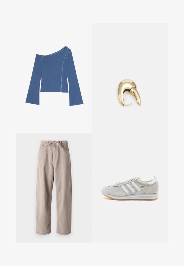 Even&Odd Topper langermet - dark denim; Beige kordfløyelsbukser med løs passform, med strikk i livet, to frontlommer og vertikal ribbet tekstur.; Lys grå sneaker laget av semsket skinn og mesh, med tre hvite striper, rund tå og såle av gummi. Gull logo-aksent nær snørebåndene.; Gullfarget metalløredobber med et elegant, buet design. Har en karakteristisk spiss form, polert overflate og hengsel-lukking.