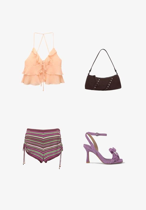 Pfirsichfarbener, ärmelloser Oberteil mit Rüschenschichten, einem V-Ausschnitt und dünnen verstellbaren Trägern. Hat einen Bindeschluss am Rücken.; Gestreifte Badehorts in den Farben Rosa, Grün und Braun. Mit seitlichen Kordelzügen und einem weichen, dehnbaren Stoff.; Lila Wildleder-Pumps mit hohen Absätzen und Knöchelriemen. Verfügt über eine florale Verzierung mit einem Strassdetail auf der Zehe.; Braune Handtasche aus synthetischem Leder mit geschwungener Form, Reißverschluss und dekorativen silbernen Nieten auf einer Seite. Verfügt über einen kurzen Schultergurt.