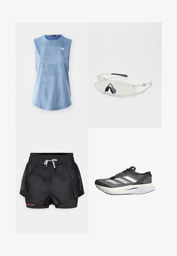 Top atlético sin mangas de color azul claro, hecho de un tejido suave, con diseños perforados y acentos en blanco. La etiqueta en el cuello dice "Pequeño".; Pantalones cortos deportivos negros con una capa exterior texturizada, paneles de malla y una capa interior ajustada. Presentan una cinturilla elástica con cordón.; Zapatilla deportiva en blanco y negro con parte superior de malla, presenta tres franjas blancas, una suela prominente etiquetada como "LIGHTSTRIKE PRO" y un diseño aerodinámico.; Gafas de sol con lentes transparentes, montura blanca y almohadillas de nariz de goma gris. Presentan un diseño elegante, forma angular y acentos mínimos en el hardware.
