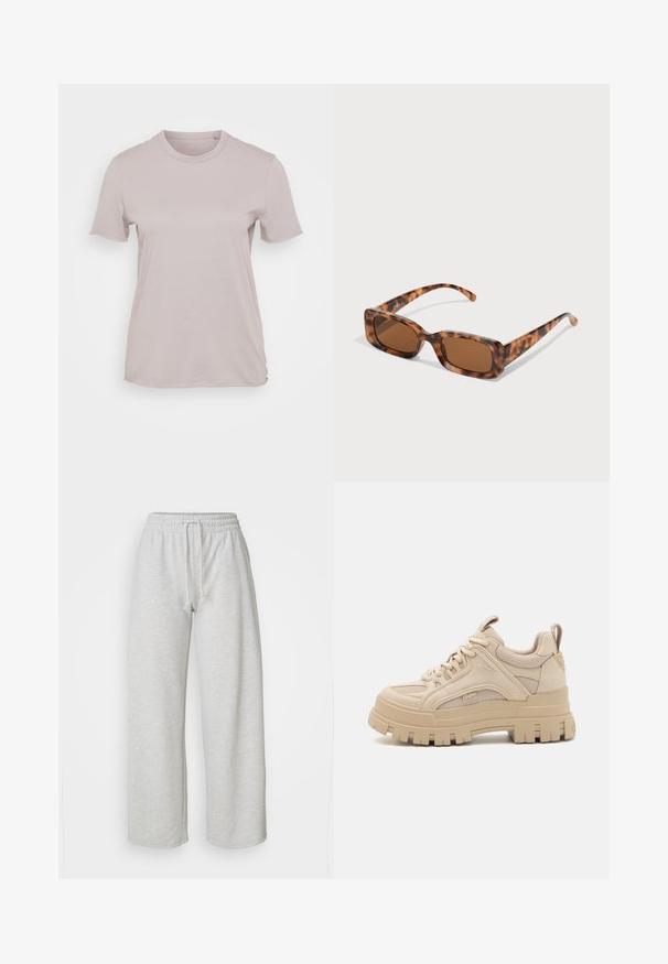 Gai bēšs īsām piedurknēm T-krekls, kas izgatavots no kokvilnas, ar apaļu izgriezumu un brīvu piegriezumu, ar gludu tekstūru un bez redzamām rakstām.; Even&Odd Petite Treniņtērpa apakšdaļas - mottled light grey; Beige masīvi kedu ar acu un ādas maisījumu, ar biezu zoli un izteiktu profils, pie sajūtu dizains un zīmola detaļa.; Tortoiseshell saulesbrilles ar taisnstūrveida brūniem stikliem, biezs rāmis un plānas kājas ar dažādu brūnu toņu rakstu.; Sudraba riņķveida auskari, ar gludu, pulētu virsmu. Divi pāri ar nedaudz atšķirīgu izmēru. Vienkāršs, apaļš dizains, viegli.