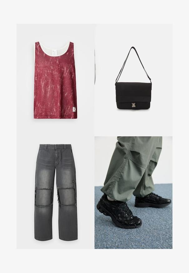 Red mesh tank top with a slightly faded, distressed pattern. Features white trim along the neckline and armholes, and a small logo tag on the bottom.; Gray denim pants with a relaxed fit, featuring frayed knee patches, contrasting stitching, and a small logo on the side.; Black athletic sneakers with glossy and mesh textures, featuring a thick sole and laces, paired with loose olive-green cargo pants.; Black messenger bag made of smooth material, featuring a fold-over flap, silver clasp hardware, and an adjustable shoulder strap.