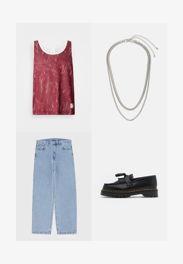 Débardeur en mesh rouge avec un motif légèrement décoloré et usé. Présente une bordure blanche le long de l'encolure et des emmanchures, ainsi qu'une petite étiquette de logo en bas.; Jean en denim bleu clair avec une coupe droite, présentant une taille mi-haute, cinq poches, et une fermeture à bouton et à fermeture éclair.; Mocassin en cuir noir avec un accent à frange, doté d'une semelle épaisse noire et d'une couture jaune le long du bord. Fini texturé.; Collier en métal argenté à trois couches présentant des chaînes flexibles et élégantes avec un léger éclat, sécurisé par un fermoir en forme de homard et une chaîne ajustable.