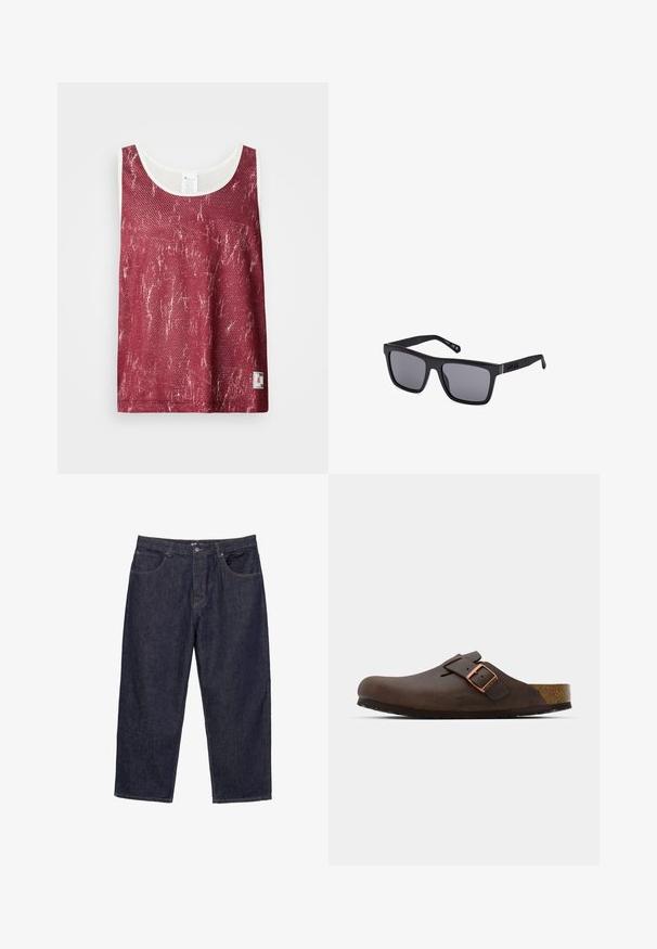 Red mesh tank top with a slightly faded, distressed pattern. Features white trim along the neckline and armholes, and a small logo tag on the bottom.; Dark blue straight-leg denim jeans with front button, zipper closure, and five pockets, displayed against a white background.; Brown leather clog with a wide strap and a copper buckle, featuring a textured cork footbed and a thick black rubber sole.; Black rectangular sunglasses with dark lenses, a matte finish, and logo detail on the temple. The design features straight edges and thick frames.
