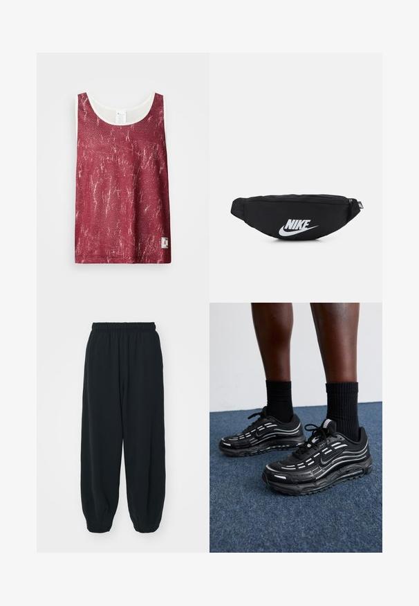Rdeča mrežasta majica brez rokavov z rahlo bledim, obrabljenim vzorcem. Ima bel obroček ob izrezu in armholes ter majhno oznako logotipa na dnu.; Črne, elastične hlače za prosti čas z ohlapnim krojem, manšetami na gležnjih, gladko teksturo in brez vidnih vzorcev ali dodatkov.; Črne Nike čevlje imajo mrežasto zgornji del z naglasnimi črtami, teksturirane vezalke in črn gumijast podplat. Nosijo se s črnimi rebrastimi nogavicami.; Črna najlon fanny pakica z zadrgo, ki ima velik bel Nike logotip. Gladka tekstura in ergonomska zasnova za udobno nošenje.