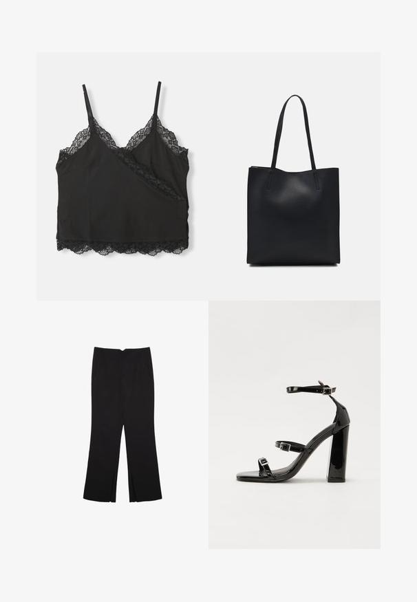 Top in raso nero con spalline regolabili, caratterizzato da un bordo in pizzo a scalloped lungo il collo e l'orlo, realizzato in tessuto morbido.; Pantaloni neri a gamba dritta, con tasche frontali e spacchi laterali all'orlo. Realizzati in tessuto morbido e liscio. Adatti a diverse occasioni.; Sandali con tacco in vernice nera, con punta squadrata, cinturini alla caviglia e fibbie in argento. Presentano un tacco a blocco spesso per maggiore stabilità.; Borsa tote in pelle nera con texture liscia, forma rettangolare e due manici lunghi. Nessun hardware o decorazione visibile.