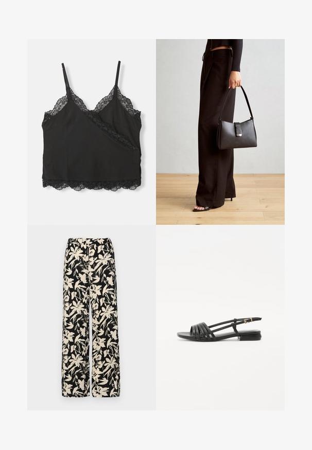 Camisole noire avec des bretelles réglables, présentant un bord en dentelle scallopé le long de l'encolure et de l'ourlet, fabriquée en tissu doux.; Pantalon large noir avec un motif floral crème. Fabriqué en tissu léger, il présente une texture lisse et une taille haute.; Sandales plates noires avec un design à lanières, dotées de plusieurs lanières en cuir et d'une fine boucle à la cheville. La semelle est plate et rectangulaire.; Sac à main noir à la forme structurée, texture lisse et fermoir métallique. Associé à un pantalon noir ample et des sandales ouvertes sur un sol en bois.