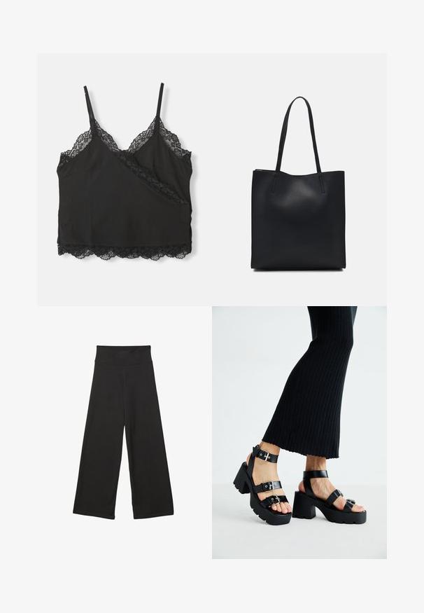 Camisole noire avec des bretelles réglables, présentant un bord en dentelle scallopé le long de l'encolure et de l'ourlet, fabriquée en tissu doux.; Pantalons larges noirs avec une taille élastique haute, en tissu doux et avec un ajustement loose, adaptés pour une tenue décontractée ou des environnements relaxants.; Sandales à plateforme noires avec semelles épaisses et crantées, dotées de plusieurs sangles, présentant des boucles en métal et une texture lisse semblable au cuir.; Sac fourre-tout en cuir noir avec une texture lisse, de forme rectangulaire et deux longues poignées. Pas de matériel ou d'ornementations visibles.