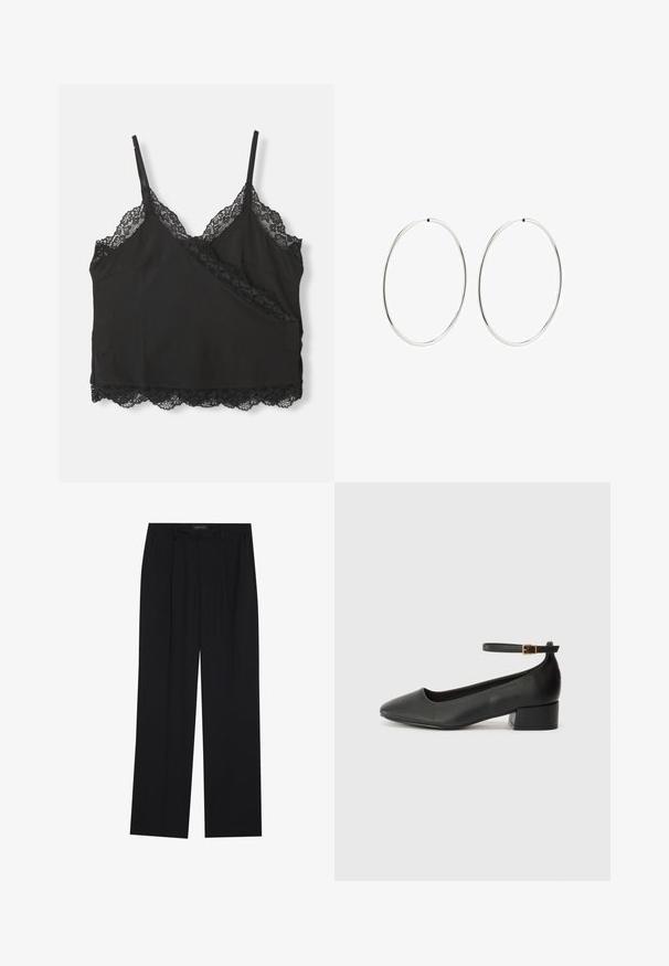 Schwarzes Spaghettiträgertop mit verstellbaren Trägern, das eine gewellte Spitzenborte entlang des Ausschnitts und Saums aufweist, aus weichem Stoff gefertigt.; Schwarze Hose mit geradem Bein, ausgestattet mit zwei frontalen Taschen und einem Taillenbund. Hergestellt aus einem glatten, leichten Stoff.; Schwarze Lederpumps mit spitzem Zehenbereich und niedrigem Blockabsatz. Mit einem Knöchelriemen und einer goldfarbenen Schnalle. Glatte Textur.; Silberne Creolen mit einem glatten, runden Design und einer polierten Oberfläche. Sie sind dünn und leicht und verfügen über einen einfachen Verschluss.