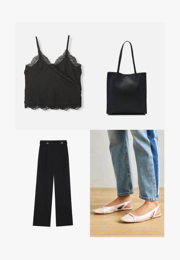 Top in raso nero con spalline regolabili, caratterizzato da un bordo in pizzo a scalloped lungo il collo e l'orlo, realizzato in tessuto morbido.; Pantaloni neri a gamba larga con vita alta, dettagli con bottoni in vita e pieghe frontali.; Ballerine slingback rosa pallido con punta affusolata, realizzate in un materiale simile alla pelle liscio. Presentano dettagli a taglio sui lati e un tacco piatto.; Borsa tote in pelle nera con texture liscia, forma rettangolare e due manici lunghi. Nessun hardware o decorazione visibile.