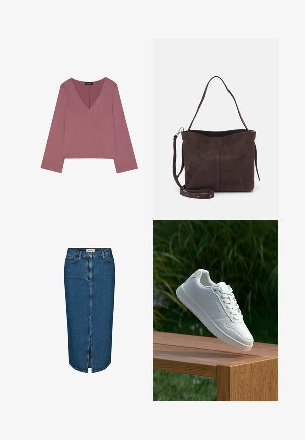 Top de manga larga con escote en V en color rosa empolvado, con un corte relajado, tejido suave y un dobladillo recto con detalles de costura mínimos.; Falda lápiz de mezclilla en azul oscuro, con una abertura frontal, cinco bolsillos y costuras en contraste. Cintura de altura media con un diseño clásico.; Zapatilla blanca con un upper sintético suave, caja de dedos perforada, cordones planos y una suela texturizada, exhibida sobre una superficie de madera.; Bolso tote de ante marrón con una textura suave, que presenta una sola correa para el hombro y una sutil apertura curva en la parte superior. Sin detalles de herrajes visibles.