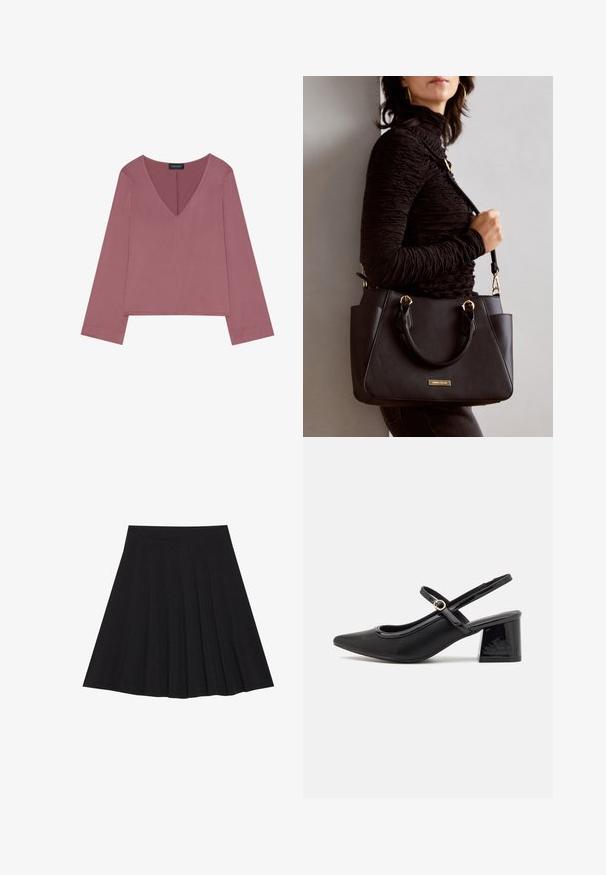 Rausvo atspalvio V formos iškirptės su ilgomis rankovėmis viršus, pasižymintis laisvu siluetu, minkšta medžiaga ir tiesia apatine dalimi su minimaliais siuvimo akcentais.; Juoda plisėta sijonas, pagamintas iš tekstūruotos medžiagos su prigludusia juosmens juosta. Siekia kelių ilgį, turi sklandžią, švarią siluetą.; Juodi patentinio odos slingback aukštakulniai su smailiu pirštu, apvaliu išpjovimu ir blokiniu kulnu. Papuošti auksiniu juostos akcentu.; Juodas rankinės maišelis su struktūrizuota paviršiumi, dvigubais viršutiniais rankenėlėmis ir reguliuojamu peties diržu. Įrengtas aukso spalvos furnitūra ir šoninės kišenės.