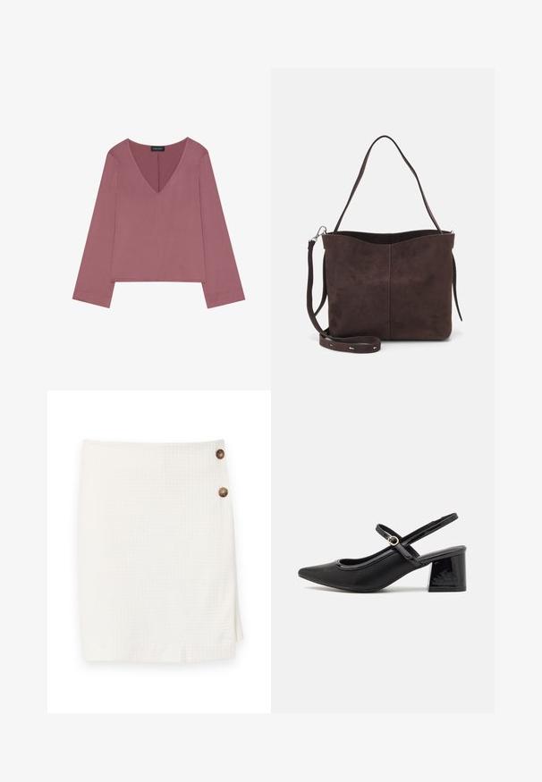 V-neck long-sleeve top in dusty rose, featuring a relaxed fit, soft fabric, and a straight hem with minimal stitching details.; White skirt with a textured fabric, featuring a wrap design and two round buttons on the side for fastening.; Black patent leather slingback heels with a pointed toe, a rounded cutout design, and a block heel. Features a gold-tone buckle accent.; Brown suede tote bag with a soft texture, featuring a single shoulder strap and a subtle curved top opening. No visible hardware details.