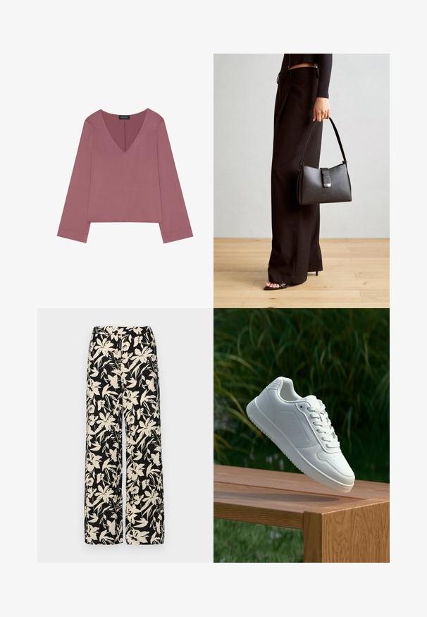 V-ringad långärmad topp i dammig ros, med en avslappnad passform, mjukt tyg och en rak nederkant med minimala sömnadsdetaljer.; Svarta vida byxor med ett krämfärgat blommönster. Tillverkade av lättviktig tyg med en slät yta och hög midja.; Vita sneakers med en slät syntetisk ovandel, perforerat tåparti, platta snören och en strukturerad sula, placerade på en träyta.; Svart handväska med strukturerad form, slät yta och metallspänne. Matchad med vida svarta byxor och sandaler med öppen tå på trägolv.