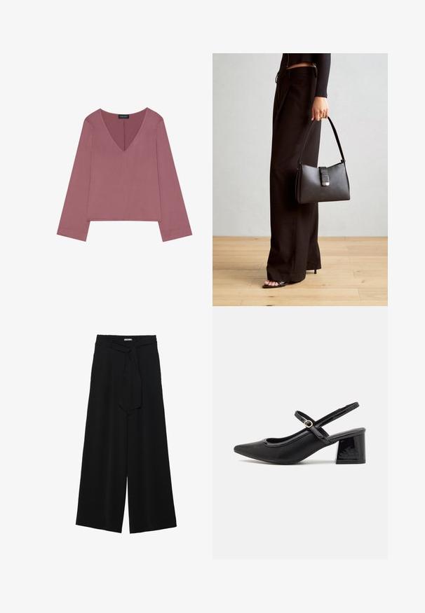 Top s dlhým rukávom v tvare V v jemne ružovej farbe, s voľným strihom, mäkkým materiálom a rovného lemom s minimálnymi detailmi šitia.; Čierne široké nohavice s textúrovanou tkaninou, elastickým pásom a odnímateľným viazaním na páse pre nastaviteľné priliehanie.; Čierne lakované kožené lodičky so slingback dizajnom, špicatou špičkou, zaobleným výrezom a blokovým podpätkom. Obsahuje akcent zlatého tónu s prackou.; Čierna kabelka so štruktúrovaným tvarom, hladkou textúrou a kovovou sponou. V kombinácii so širokými čiernymi nohavicami a sandálmi s otvorenou špičkou na drevenej podlahe.