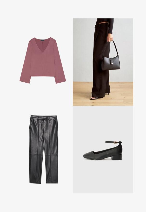 Cămașă cu decolteu în V, mânecă lungă, în nuanță de roz prăfuit, cu un croi lejer, material moale și un tiv drept cu detalii minime de cusătură.; Pantaloni din piele neagră cu o textură netedă, având o croială dreaptă, două buzunare frontale și detalii vizibile ale cusăturilor.; Pantof cu toc negru din piele, cu vârf ascuțit și toc mic pătrat. Dispune de o curea la gleznă cu o cataramă în tonuri de aur. Textură netedă.; Genți negre cu o formă structurată, textură netedă și un închizător metalic. Asortată cu pantaloni negri largi și sandale cu vârf deschis pe un podea din lemn.