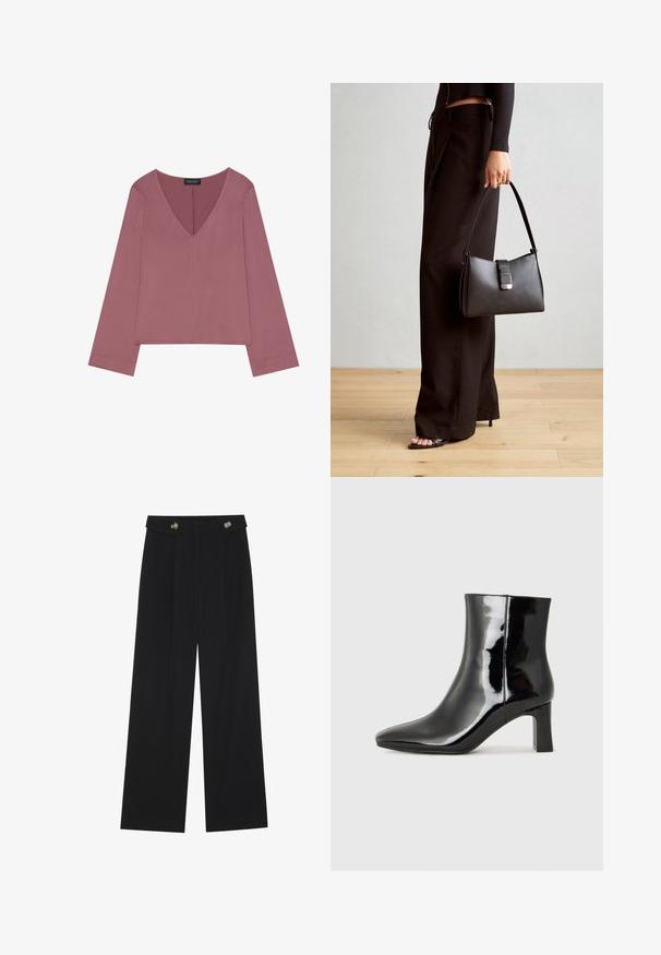 Langärmliges V-Ausschnitt-Oberteil in staubigem Rosé mit relaxtem Schnitt, weichem Stoff und geradem Saum mit minimalen Nähten.; Schwarze weite Hosen mit hoher Taille, Knopfdetails am Bund und vorderen Falten.; Schwarzer Lackleder-Stiefelette mit spitzer Zehe und einem mittelhohen Blockabsatz. Glatte Textur und minimalistisches Design.; Schwarze Handtasche mit strukturierter Form, glatter Textur und einem metallischen Verschluss. Kombiniert mit weiten schwarzen Hosen und offenen Sandalen auf einem Holzboden.