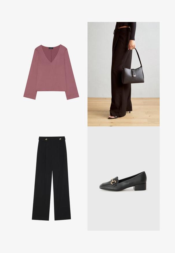 V-izrez dugorukavi top u boji prašnjate ruže, s opuštenim krojem, mekim materijalom i ravnim rubom s minimalnim detaljima šivanja.; Crne hlače širokih nogavica s visokim strukom, s dugmadi na pojasu i prednjim nabora.; Crne kožne mokasine s ravnim potplatom, s dekorativnim zlatnim detaljem sprijeda i glatkom teksturom.; Crna torba s oblikom koji sadrži strukturu, glađu teksturu i metalnu kopču. Uparena s širokim crnim hlačama i sandalama na otvorenom s drvenog poda.