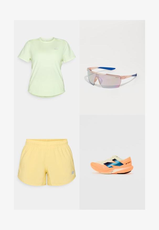 T-shirt de sport vert clair en tissu doux et respirant. Il présente un col rond, des manches courtes et un petit logo argenté sur la poitrine.; Shorts de sport jaunes avec une taille élastique et un petit logo gris en bas à droite. Tissu lisse, léger et coupe courte.; Chaussure de course avec une tige légère couleur crème, un logo bleu et des accents orange sur la semelle. Texture en maille pour la respirabilité.; Lunettes de soleil Nike Course avec une monture transparente pêche, des accents bleus et des verres irisés. Design angulaire avec une esthétique sportive.