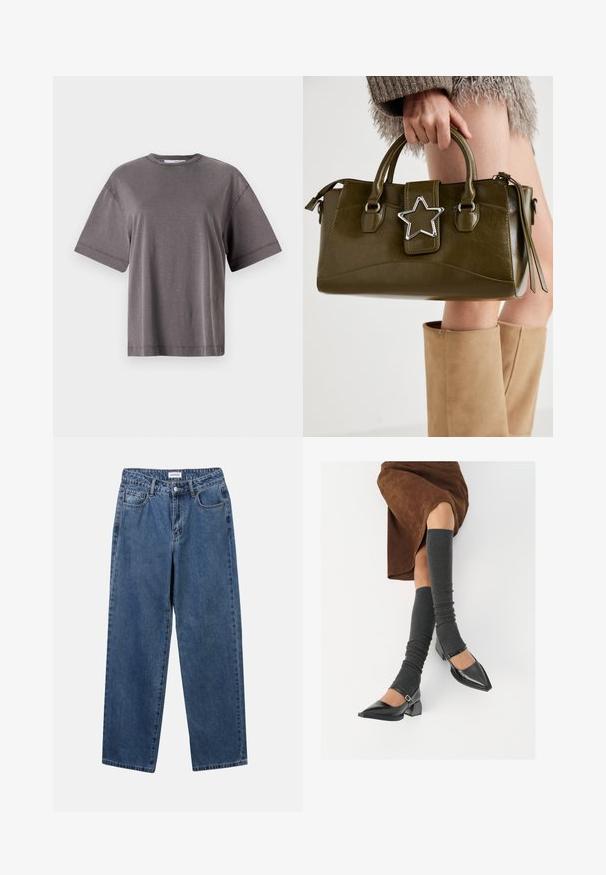 Siva kratka majica s kratkimi rokavi in okroglo ovratnico, ki ima sproščen kroj in gladko, mehko teksturo. Brez vidnih vzorcev ali poudarkov.; Klasične modre jeans hlače s ravnim krojem, petimi žepi in gumbom za zapiranje. Imajo srednje pranje in trdno teksturo.; Črne lakirane čevlje s pointy prsti in blok peto ter z naramnicami za gleženj, ki jih kombiniramo s sivimi rebrastimi nogavicami in rjavim suknjičem iz usnja.; Olivnozeleno usnjeno ročno torbico z srebrno zvezdo, dvema ročajema in zadrgo. Teksturna površina in strukturirana oblika.