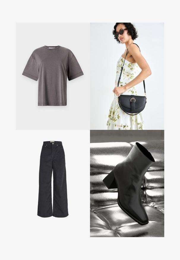 Sivá tričko s krátkym rukávom a okrúhlym výstrihom, s voľným strihom a hladkou, jemnou textúrou. Bez viditeľných vzorov alebo akcentov.; Čierne kordové nohavice s širokými nohavicami, vysokým pásom, predným zapínaním na gombík a dvoma bočnými vreckami. Mäkká textura a rovný strih.; Čierne členkové topánky vyrobené z lesklého materiálu so štvorcovou špičkou a zúženým podpätkom, na lesklom striebornom podklade s vystuženým vzorom.; Čierna kožená kabelka s zaobleným tvarom, odnímateľným popruhom a zlatými doplnkami. Kabelka má klopu s detailom s prackou.