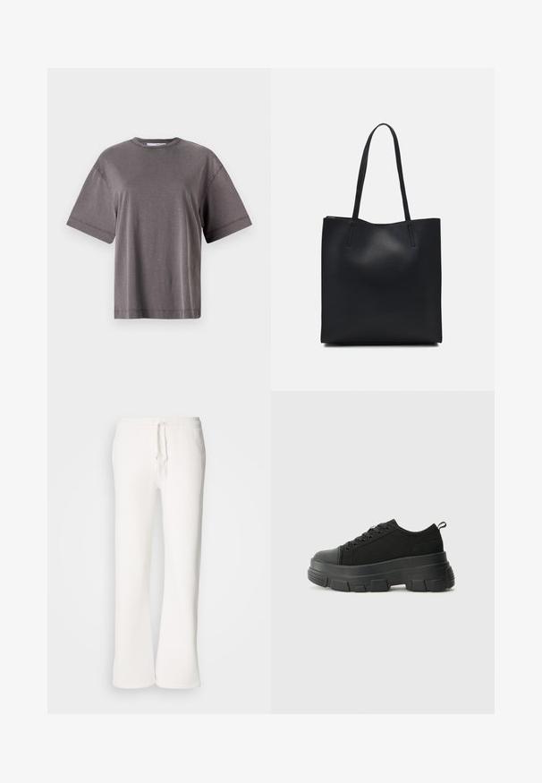 Grå kortärmad t-shirt med rund halsringning, som har en avslappnad passform och en slät, mjuk textur. Inga synliga mönster eller detaljer.; Vita, avslappnade sweatpants i mjukt material, med elastisk midja och dragsko samt raka ben.; Svarta sneakers med en kraftig gummisula, texturerad tygöverdel, rund tå och snörning. Har förstärkta öglor och dragflik bak.; Svart lädertoffelväska med slät textur, rektangulär form och två långa handtag. Ingen synlig hårdvara eller dekorationer.