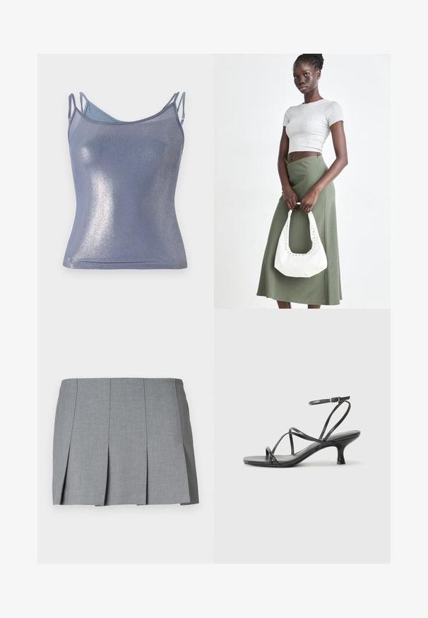 Shiny, fitted camisole in light blue with adjustable straps. Features a soft texture and a subtle glitter finish.; Gray pleated skirt featuring a smooth texture, structured design, and a fitted waist. Made from a lightweight fabric with subtle pattern.; Black heeled sandals with thin straps, open toe design, and a small, flared heel. The material appears smooth and glossy.; Gray ribbed crop top and olive green high-waisted skirt. Model holds a white shoulder bag with cut-out detailing. Simple design, fitted silhouette.