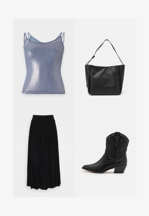 Svetleča, prilegajoča se majica brez rokavov v svetlo modri barvi z nastavljivimi naramnicami. Ima mehko teksturo in subtilen bleščeč zaključek.; Črna plisirana krila z visokim, raztegljivim pasom. Narejeno iz mehke tkanine, z navpičnimi plisami za lahkotno silhueto.; Črne usnjene kavbojske škornje s koničastimi prsti, okrasnim šivom in kovinskimi žebljički po vrhu. Zložena peta in strukturirana površina.; Calvin Klein GRACIE MEDIUM - Torbica - black