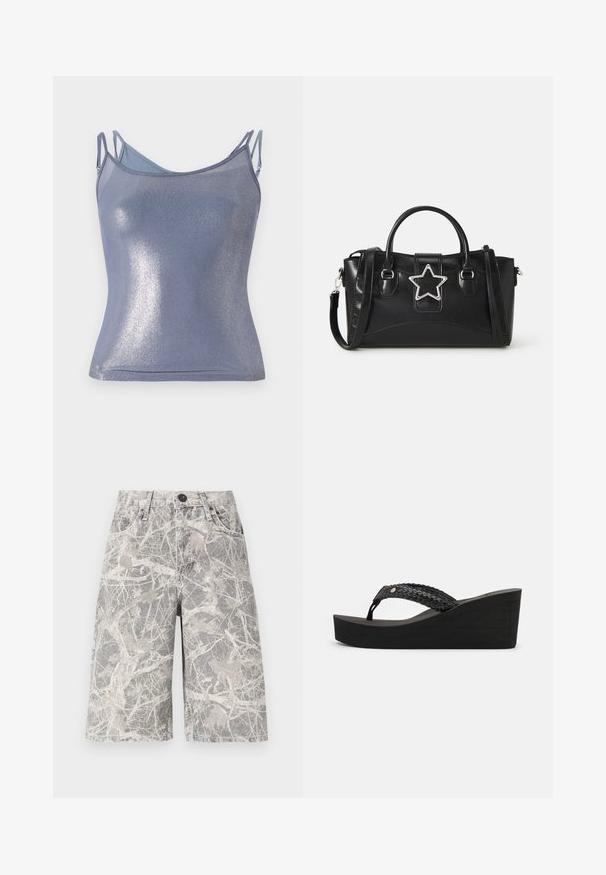 Błyszcząca, dopasowana koszulka w jasnoniebieskim kolorze z regulowanymi ramiączkami. Charakteryzuje się miękką fakturą oraz subtelnym, błyszczącym wykończeniem.; Szorty dżinsowe w kamuflażowym wzorze w odcieniach szarości i beżu, z klasycznym pięciokieszeniowym wzorem i metalowym zapięciem.; Czarne sandały na koturnie z plecionym paskiem, charakteryzujące się fakturowaną powierzchnią i wygodną platformą. Brak widocznych znaków towarowych lub ozdób.; Czarna torebka wykonana z ekologicznej skóry, z gwiazdkowym akcentem w kolorze srebrnym, podwójnymi uchwytami i regulowanym paskiem na ramię.