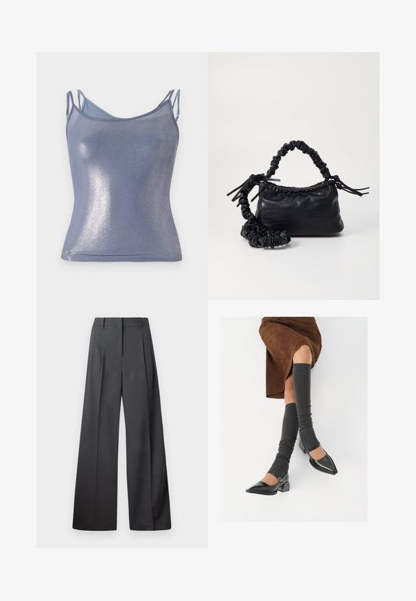 Kirgus, lihvitud kampsun helesinisena reguleeritavate rihmadega. Omab pehmet tekstuuri ja peent sädelust.; Tumesed püksid tumesinises kangas, kõrge vöökoht, üks voldik ning sile struktuur puhaste ääristega.; Mustad patsaline odav värviga kingad, millel on kreen ja pahkluuring, on paaritatud hallide ribakudumitega sääremiidega ja pruunist nahast seelikuga.; Must must sünteetilisest nahast käekott, millel on krokodillimuster, kokku tõmmatav ülaosa ja kortsus rihm. Tundub pehme ja kompaktne disain.