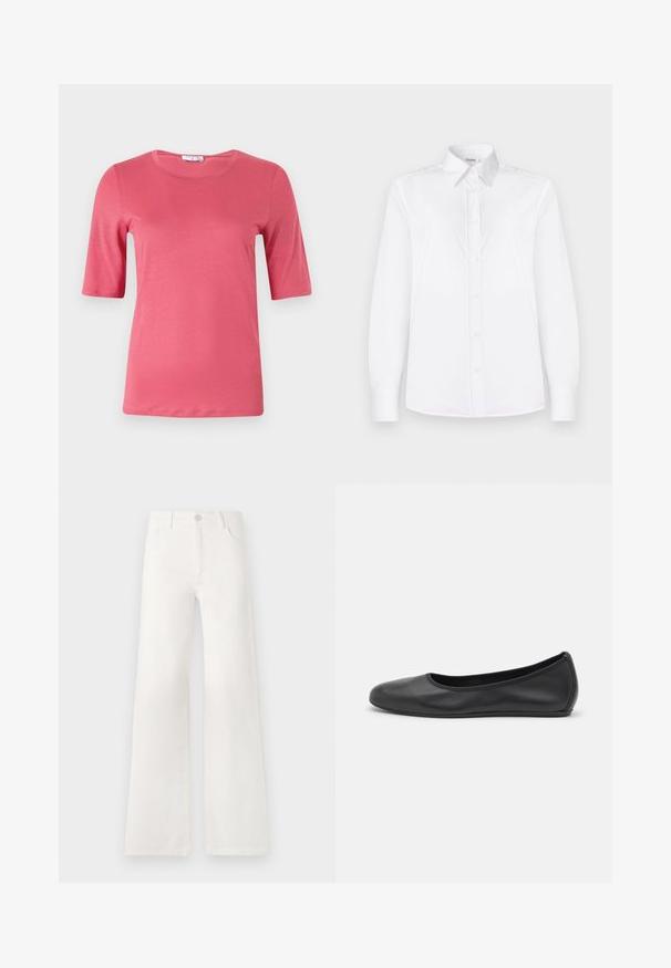 T-shirt a maniche corte, con collo rotondo, di un vivace colore rosa, realizzato in tessuto morbido con una consistenza liscia, caratterizzato da un orlo dritto e un design minimale.; Camicia bianca a maniche lunghe realizzata in tessuto morbido, con colletto e apertura con bottoni di un delicato rosa.; Jeans bianchi a vita alta e gamba larga realizzati in denim. Presentano una chiusura con bottone, due tasche anteriori e cuciture decorative nei lati.; Pantofole da balletto nere in pelle con punta arrotondata, texture liscia, dettagli di cucitura minimi e design con suola flessibile.