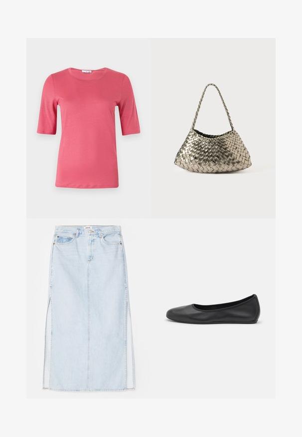 Short-sleeve, round neck t-shirt in vibrant pink, made from soft fabric with a smooth texture, featuring a straight hem and minimal design.; Light blue denim maxi skirt with a straight cut, featuring side slits and five-pocket design. Prominent stitching and metal button closure.; Black leather ballet flat with a rounded toe, smooth texture, minimal stitching detail, and a flexible sole design.; Metallic woven handbag with a triangular shape, featuring a braided strap and a velvet-lined interior. Color: silver. Texture: smooth and fabric-like.
