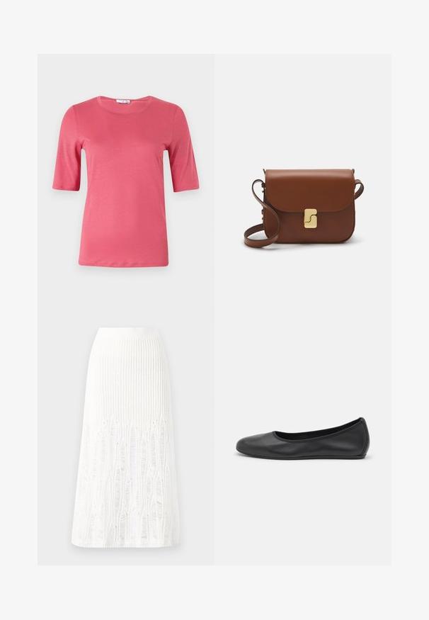 Īsām piedurknēm, apaļa kakla t-krekls spilgti rozā krāsā, izgatavots no mīksta auduma ar gludu tekstūru, ar taisnu apakšmali un minimālu dizainu.; Adīts balts midi svārki ar teksturētu rakstu, kas ietver vertikālas līnijas un izgriezumus pie apakšmalas. Elastīgs vidukļa jostasvads. Mīksts materiāls.; Melna ādas baleta kurpe ar noapaļotu purngalu, gludu tekstūru, minimālu šuvju detalizāciju un elastīgu zoles dizainu.; Bordo ādas rokas soma ar atloku, zeltītām detaļām, plecu siksnu un gludu virsmu. Kompakta, taisnstūrveida forma.
