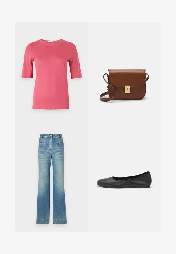 Kurzärmeliges T-Shirt mit Rundhalsausschnitt in lebhaftem Pink, aus weichem Stoff mit glatter Textur, ausgestattet mit geradem Saum und minimalistischem Design.; Helle blaue, ausgestellt geschnittene Jeans aus Denim mit fünf Taschen, Gürtelschlaufen, Knopfverschluss und einer leicht verblassten Textur, die ein rotes Logodetail auf der Rückseite aufweist.; Schwarze Leder-Ballettschuhe mit abgerundeter Spitze, glatter Textur, minimalen Nähdetails und einem flexiblen Sohlen-Design.; Braune Ledertasche mit Klappenverschluss, Beschlägen in Goldfarbe, einem Schultergurt und einer glatten Oberfläche. Kompakte rechteckige Form.