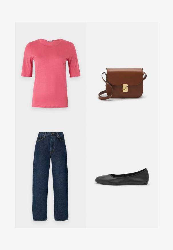 Krátký rukáv, tričko s kulatým výstřihem v živé růžové barvě, vyrobené z měkké tkaniny s hladkým povrchem, s rovnými lemy a minimalistickým designem.; Široké modré džíny s vysokým pasem, které mají klasický pětikapsový design a kontrastní prošívání podél švů.; Černé kožené baletní byty s kulatou špičkou, hladkou texturou, minimálními švy a flexibilním designem podrážky.; Hnědá kožená kabelka s klopou, zlatými kovovými detaily, ramenním popruhem a hladkým povrchem. Kompaktní obdélníkový tvar.