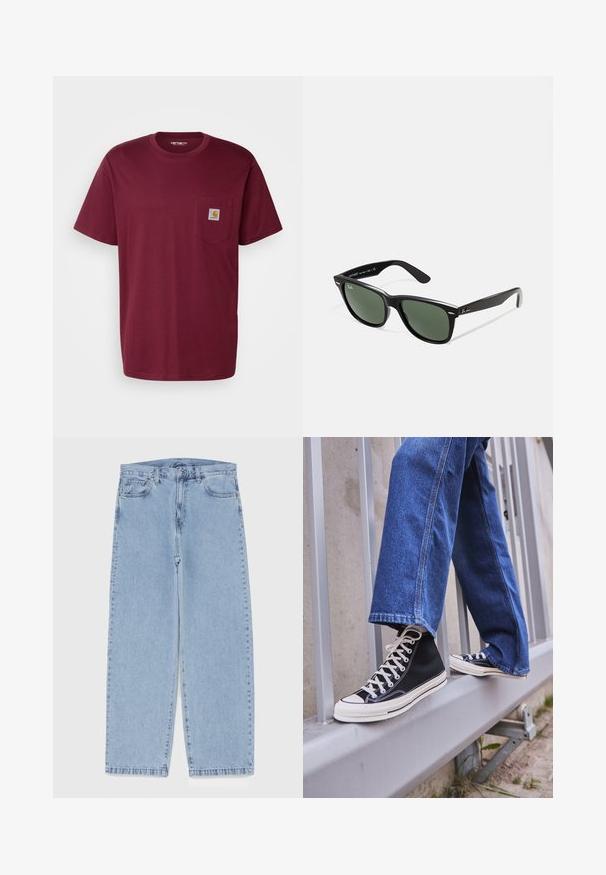 Carhartt WIP POCKET - Basic póló - malbec; Világoskék farmernadrág egyenes szárú kivitelben, közepes derékkal, öt zsebbel, gombos és cipzáros záródással.; Fekete magasszárú sportcipők fehér talppal és fűzővel, laza kék farmernadrággal párosítva, egy szürke korlát tetején pihenve.; Fekete műanyag napszemüveg zöld lencsékkel, négyzet alakú kerettel, ezüst díszítéssel a keret felső részén, valamint texturált szárakkal. A márka neve a belső száron található.