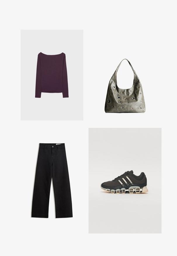 Długi rękaw w ciemnopurpurowym kolorze, wykonany z miękkiej dzianiny. Posiada szeroką linię dekoltu oraz luźny krój, z prostym dołem i długimi rękawami.; Czarne dżinsowe spodnie o szerokich nogawkach i wysokim stanie, z przednimi i tylnymi kieszeniami, przeszyciami oraz zapięciem na guziki. Gładka struktura.; Czarne sportowe buty z teksturowaną cholewką, trzema srebrnymi paskami i charakterystyczną podeszwą z amortyzacją, składającą się z wielu zintegrowanych sekcji.; Oliwkowa skórzana torebka o luźnym fasonie, z różnej wielkości okrągłymi wycięciami i akcentami w ciemniejszych i jaśniejszych odcieniach.