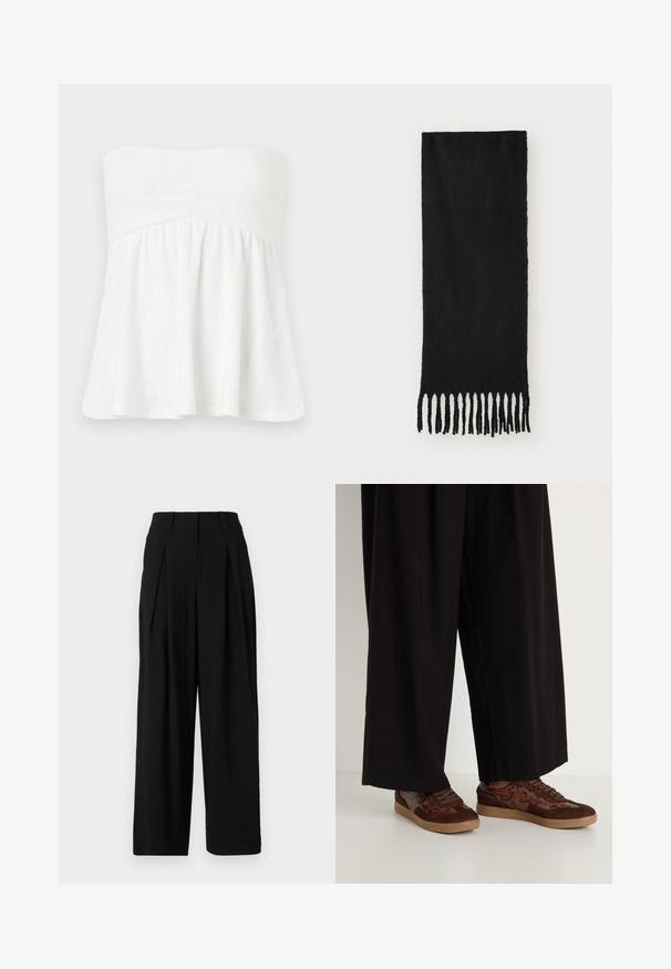 Top blanco sin tirantes con un diseño fruncido y acampanado. Presenta rayas verticales texturizadas y un corpiño ajustado con elástico en la parte superior.; Pantalones de pierna ancha negros, hechos de una tela suave, con una cinturilla alta, pliegues en la parte delantera y una silueta fluida.; Zapatillas marrones con un diseño de materiales mixtos que incluye ante y acentos de estampado de serpiente, puntera redonda, cierre con cordones y suelas de goma texturizadas.; Bufanda negra hecha de un tejido suave con una textura lisa, que presenta extremos con flecos anudados y una forma rectangular.; Conjunto de doce pendientes de aro en tonos plateados y dorados. Incluye diseños retorcidos, lisos y texturizados en varios tamaños y acabados.