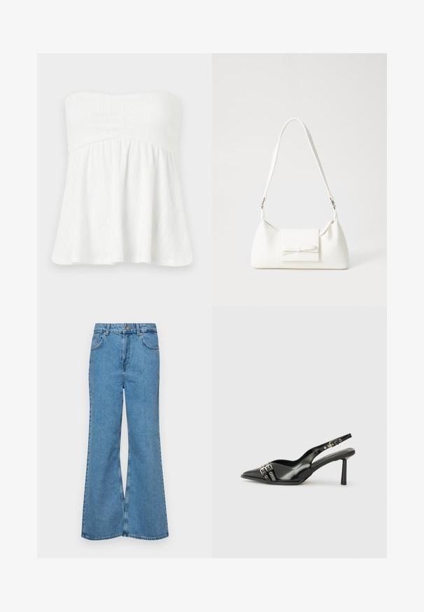 White strapless top with a gathered, flared design. Features textured vertical stripes and a fitted bodice with elastic at the top.; Light blue flared jeans made of denim, featuring a high waist, five pockets, and a single button closure. Soft texture with faded finish.; Black patent leather slingback shoe with pointed toe, ankle straps featuring silver buckles and hardware, and a slender heel.; White synthetic handbag with a triangular shape, flat front flap and bow detail, adjustable strap, smooth texture, and minimalistic design.