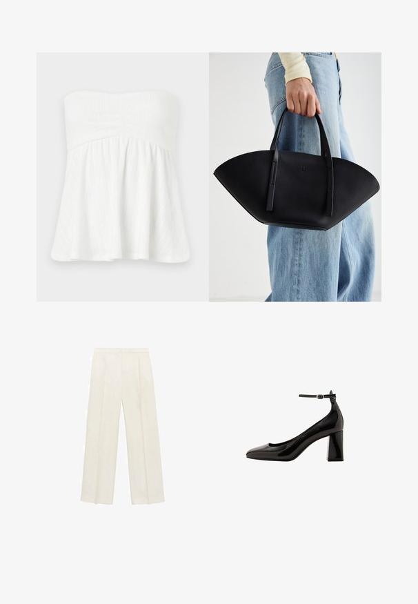 Witte strapless top met een geplooid, uitlopend ontwerp. Kenmerkt zich door textuur met verticale strepen en een aansluitende bovenkant met elastiek aan de bovenkant.; Wijdgevallen broeken in een lichtcrème kleur. Gemaakt van een zachte stof met plooien aan de voorkant en zijzakken.; Zwarte lakleren enkelschoenen met een glanzende afwerking, spitse neus en een dikke blokhak. Vetruige textuur, minimale detaillering.; Zwarte leren handtas met een unieke waaier vorm, voorzien van platte handvatten. Het oppervlak heeft een gewelfde textuur en een minimalistisch ontwerp.